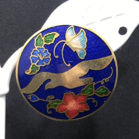 Cloisonne Golden Brass Blue Enamel Post Earrings, Floral Butterfly Design, 1980s - Picture 3 of 9